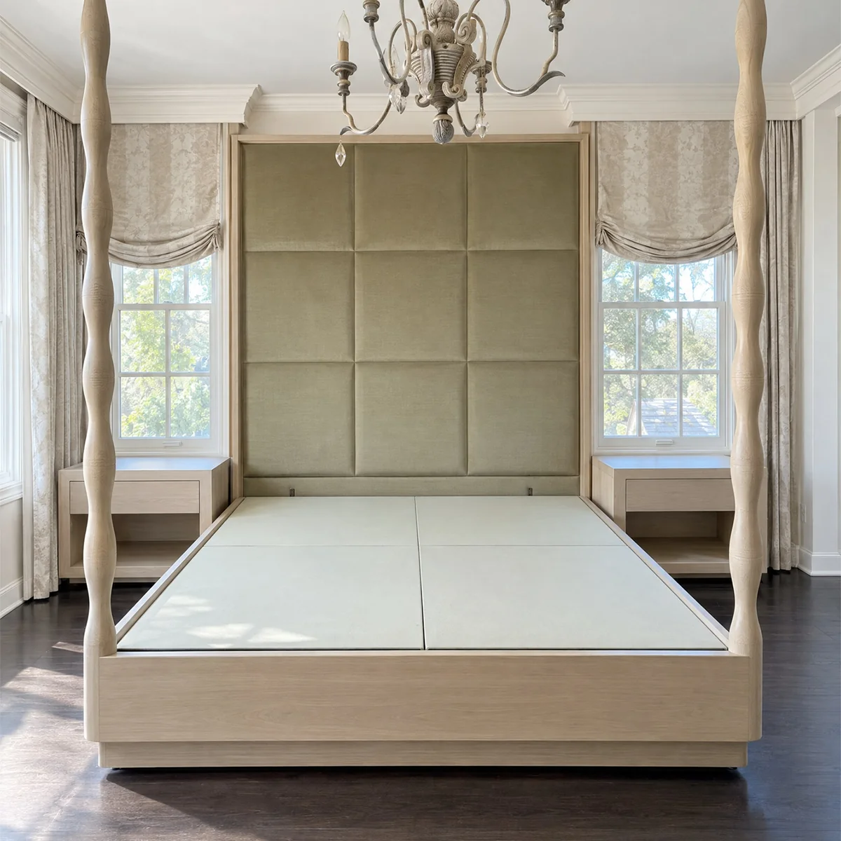 Custom bed frame with a solid platform base and no slats