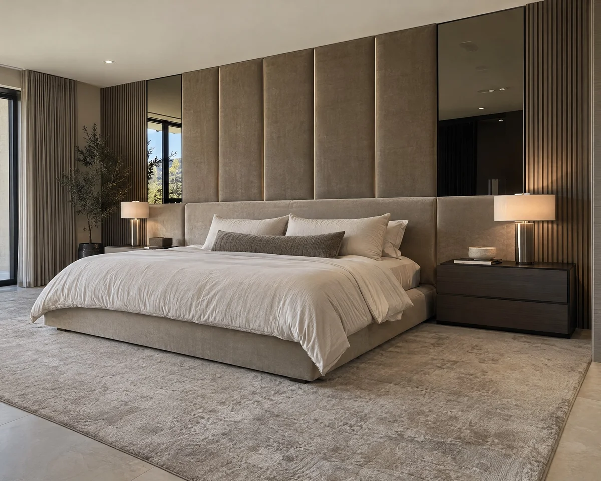 Custom taupe upholstered bed frame with a low platform