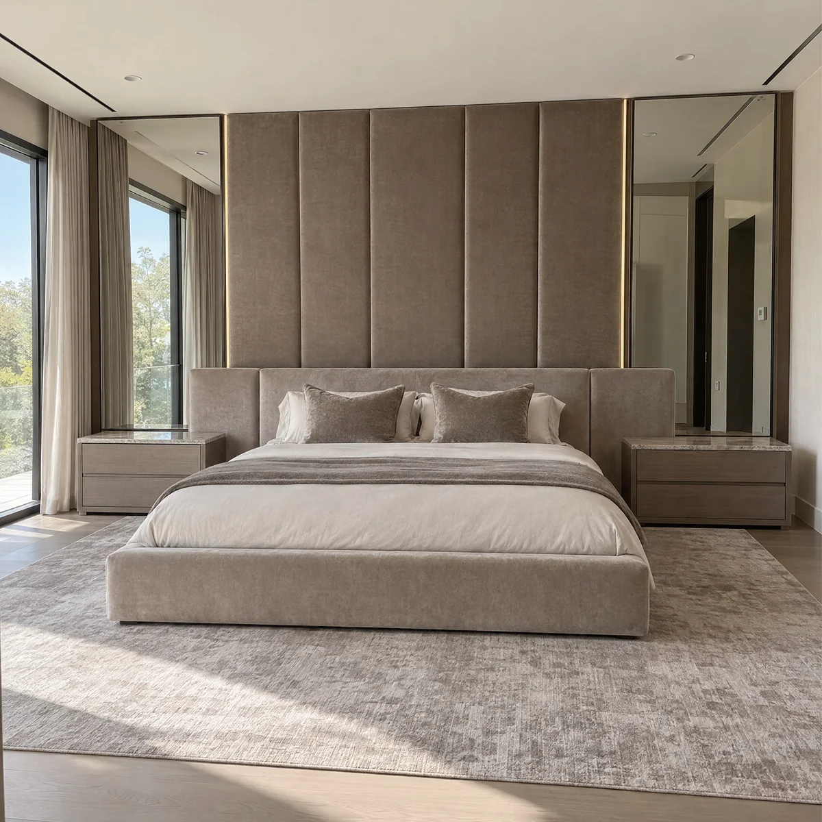 Front view of a taupe upholstered platform bed frame