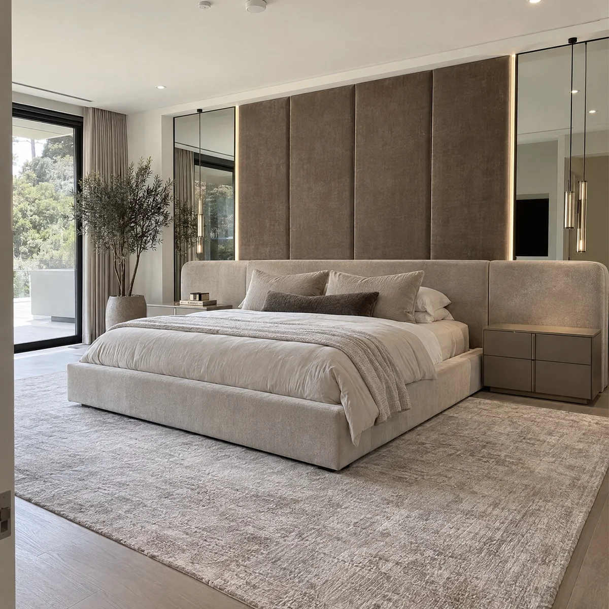 Wide taupe upholstered bed frame in a bright room