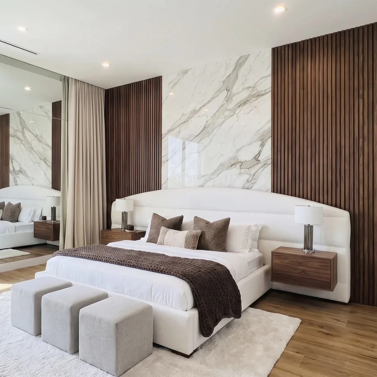 Custom curved white bed frame with matching ottomans