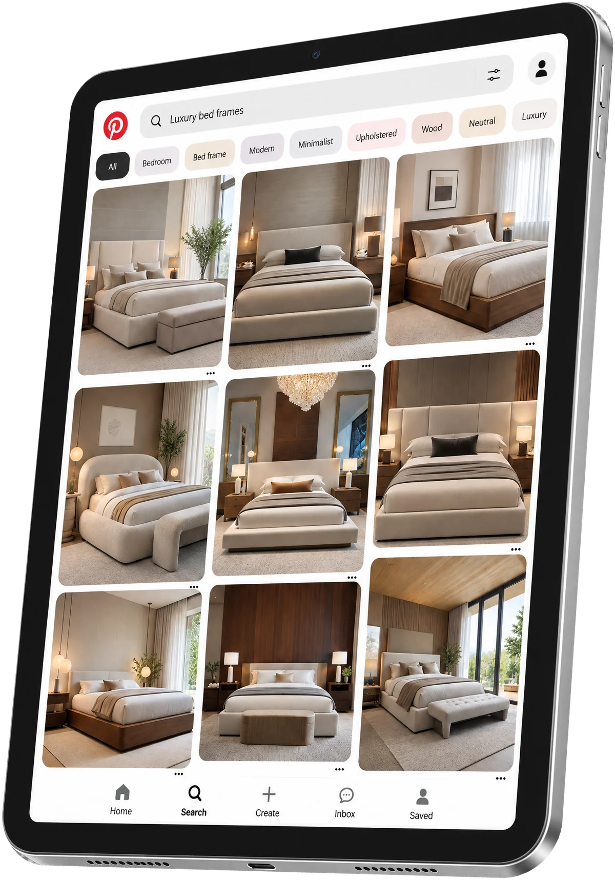 Tablet showing a board of saved bed inspiration photos