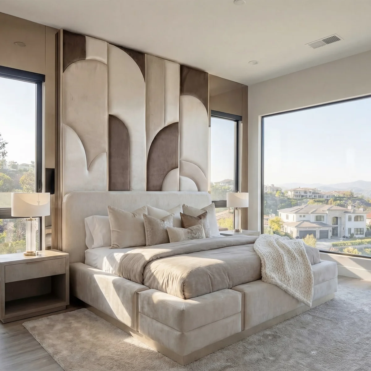 Cream upholstered bed frame with a rounded footboard