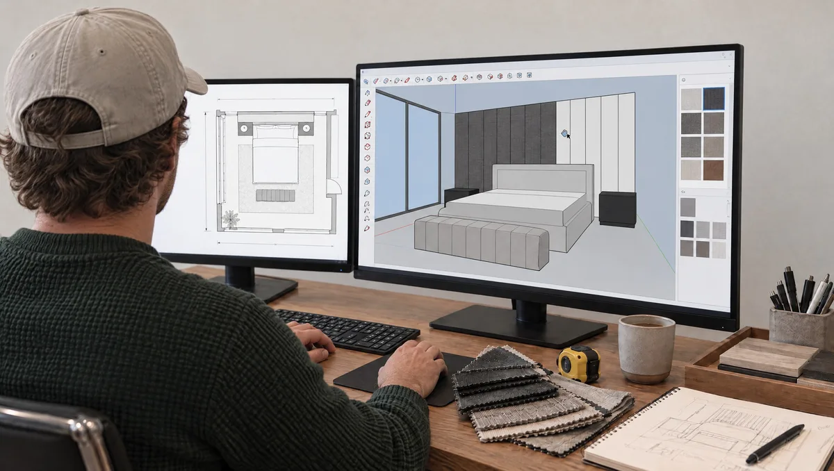 Designer drawing a custom bed frame in 3D on a computer