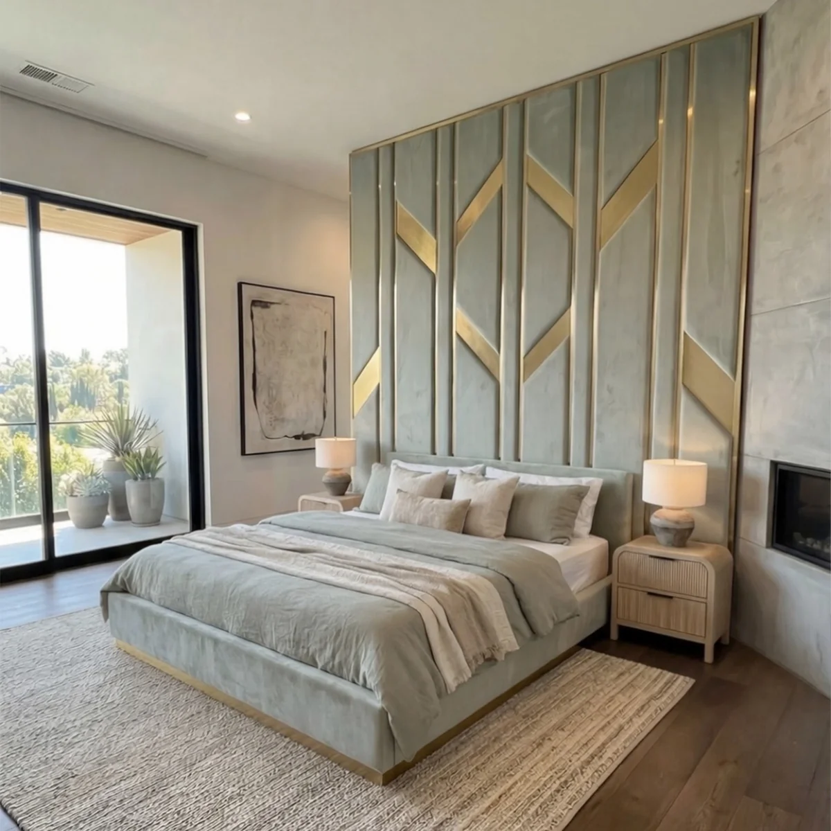 Sage upholstered bed frame with a low gold-trimmed base